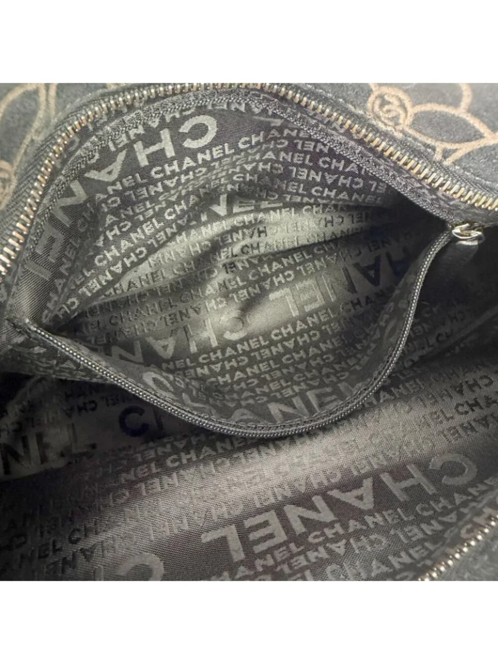 Chanel Camellia Print CC Logo Chain Shoulder Bag Suede Leather Black Silver